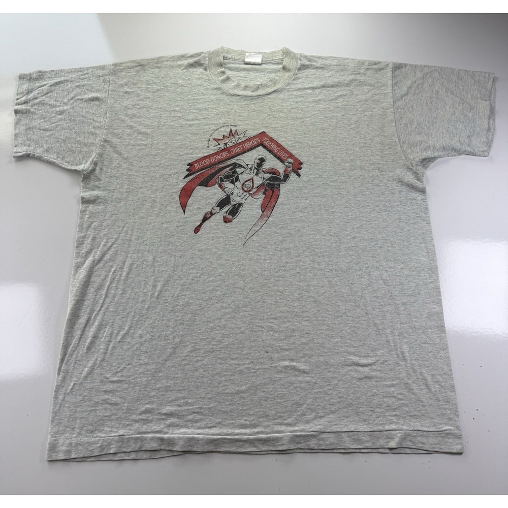 Vintage 90s Blood‎ donor superhero tee gray XL faded tag heroes graphic t-shirt